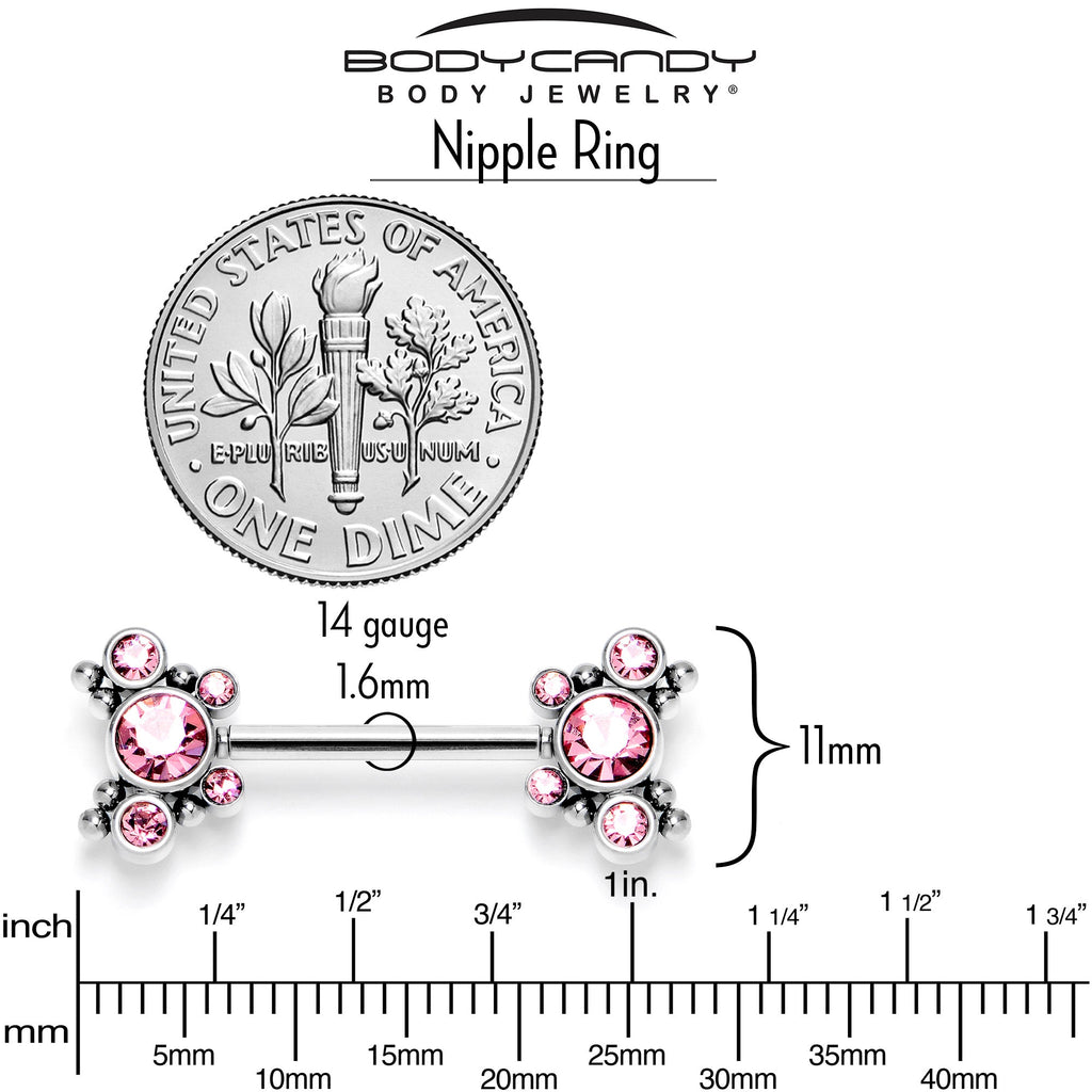 14G 9/16 Pink CZ Gem Circles Threadless Barbell Nipple Ring Set