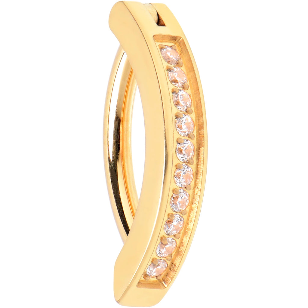 14G 3/8 Gold Tone CZ ASTM F-136 Implant Grade Titanium Hinged Hoop Belly Ring
