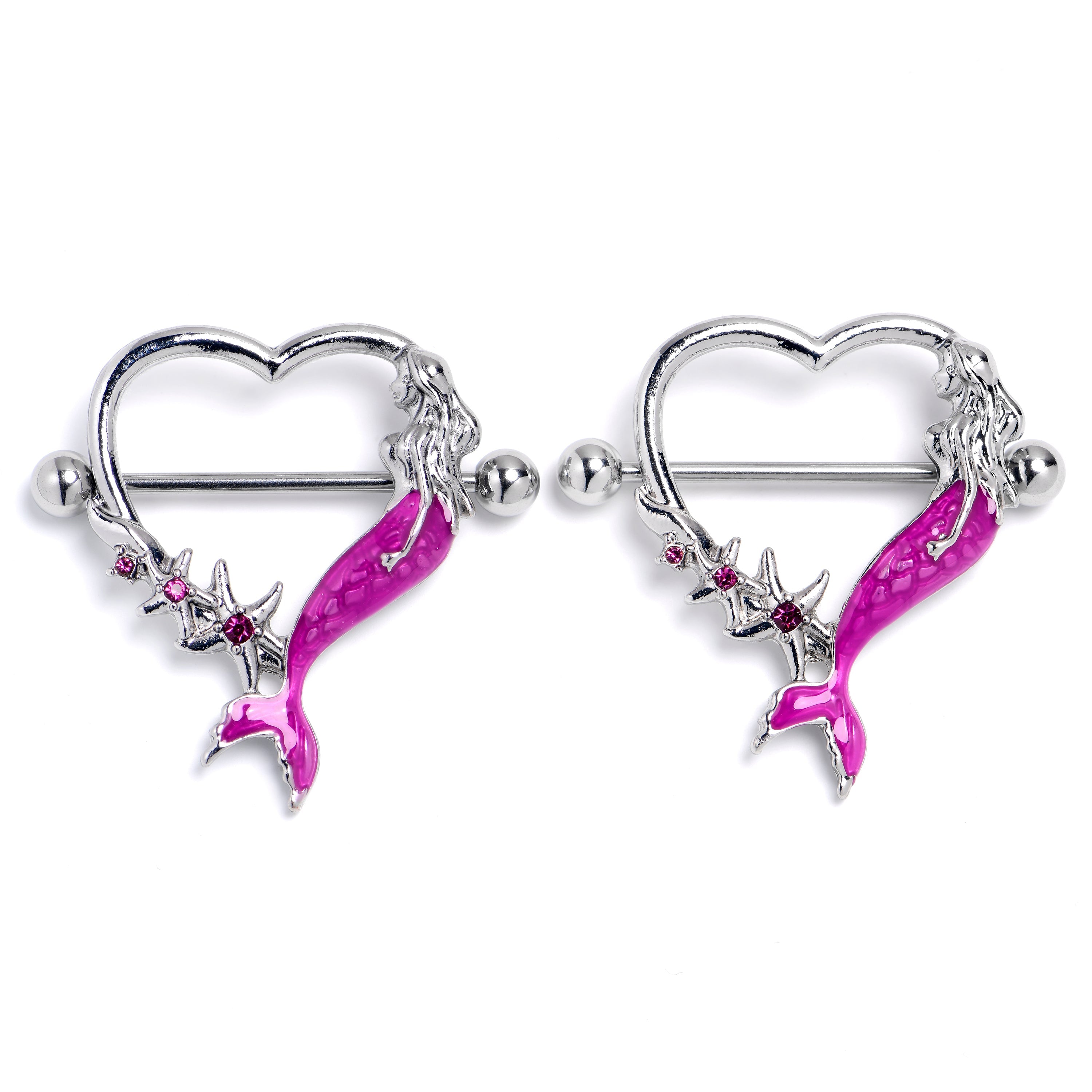 14G 9/16 Pink Gem Pink Mermaid Tails Stars Nipple Shield Set