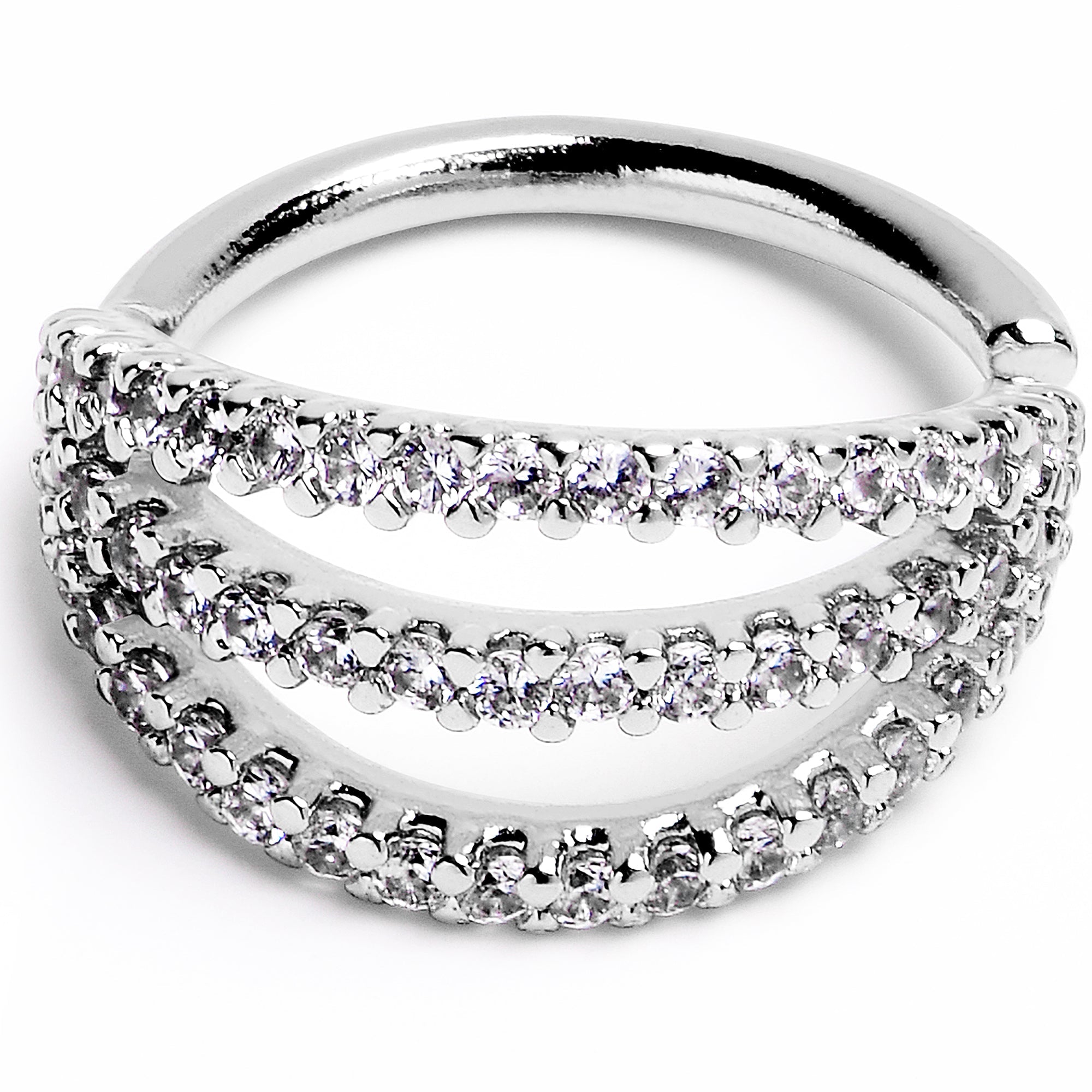 16G 3/8 Clear CZ Gem Faux Triple Hoop Closure Ring