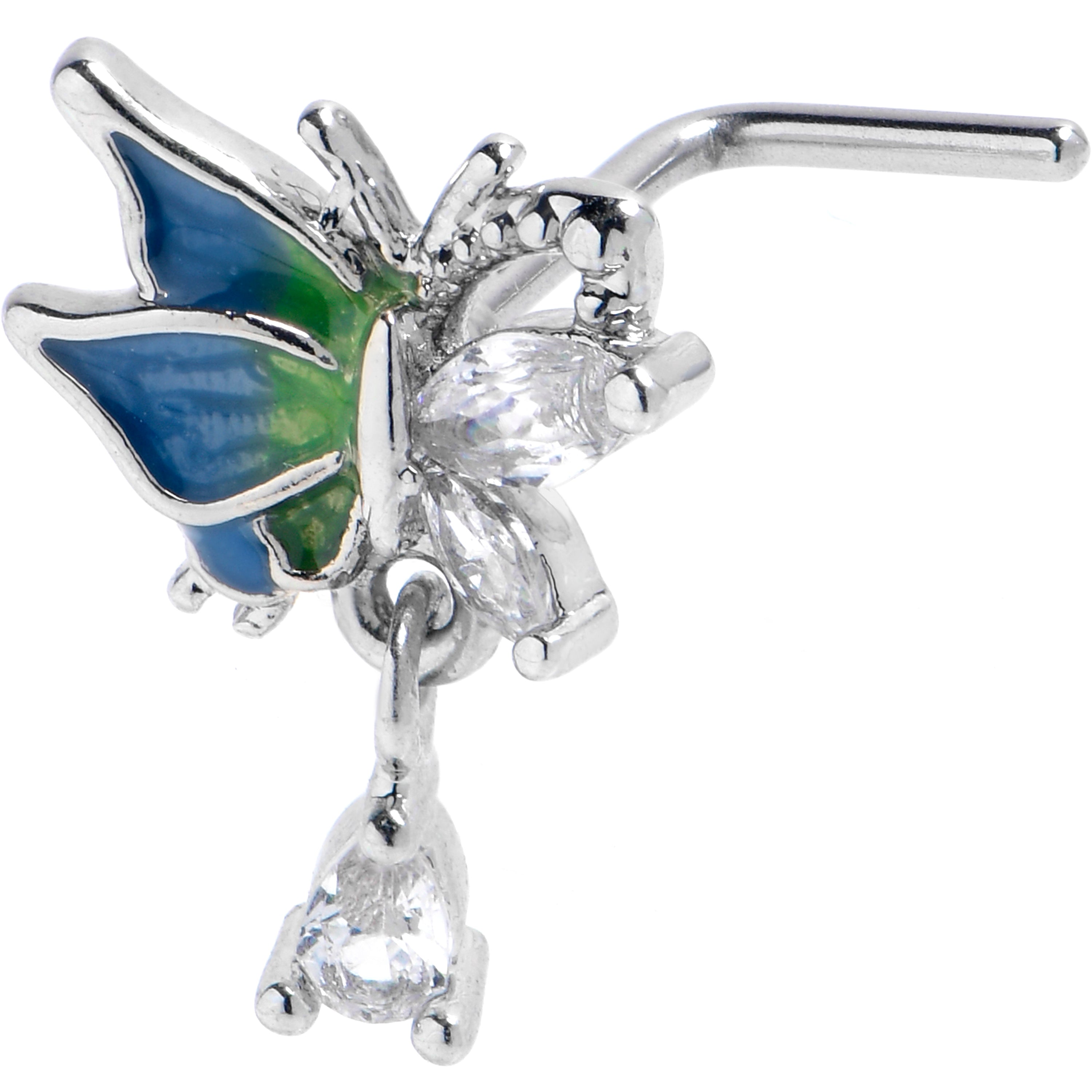 20G 7mm Clear CZ Gem Dazzling Beauty Butterfly L Shape Nose Ring