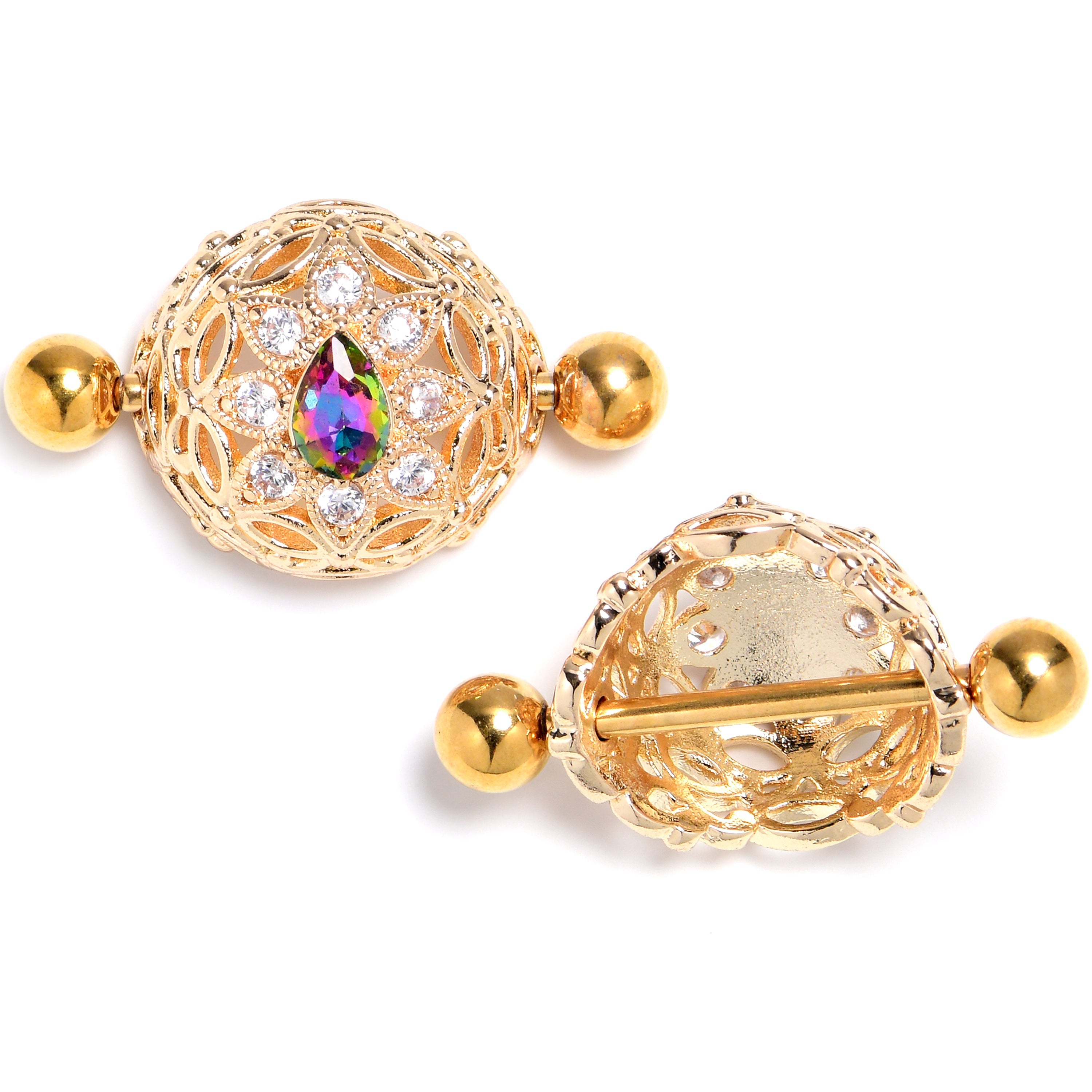 14G 9/16 Vitrail Gem Gold Tone Blossom Bloom Nipple Shield Set