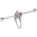 14G Pink Gem Spiderweb Chain Dangle Industrial Barbell 38mm