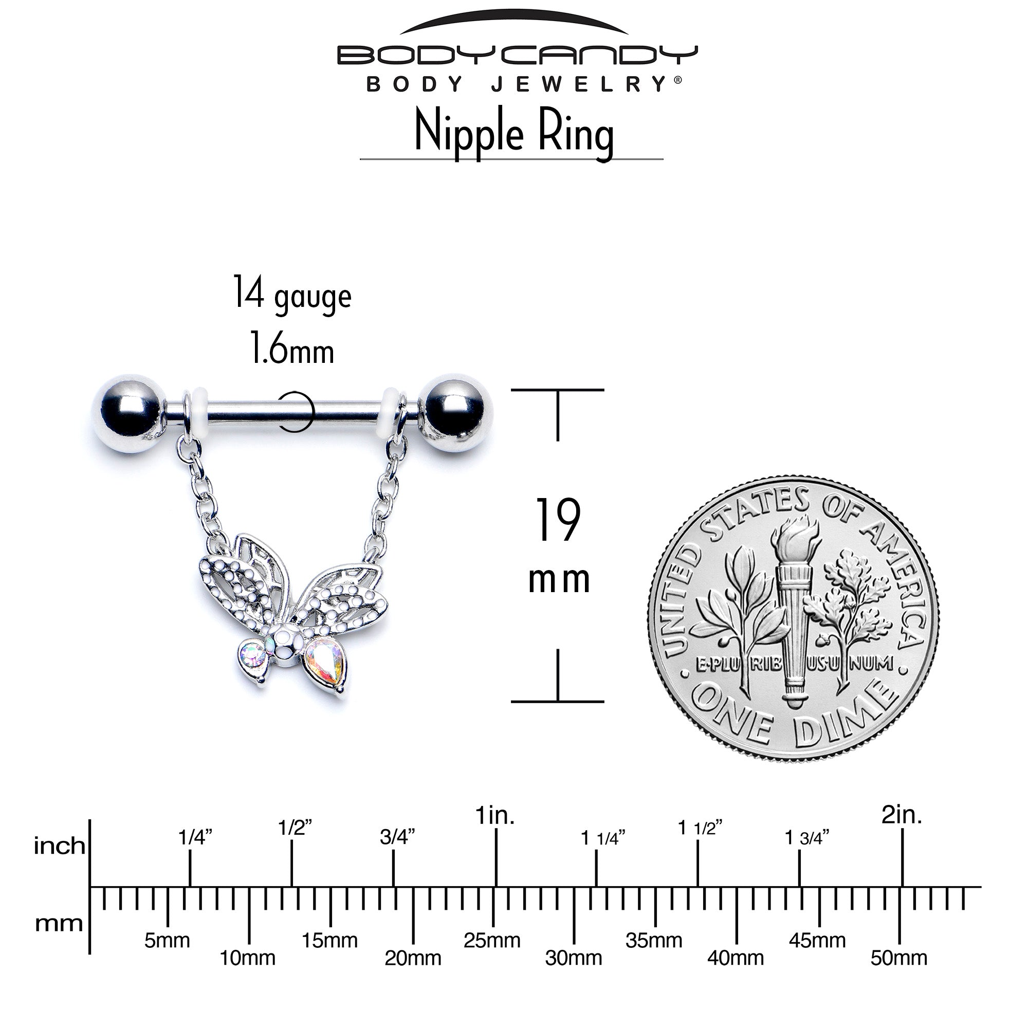 14G 9/16 Aurora CZ  Gem Ultra Drama Butterfly Dangle Nipple Ring Set
