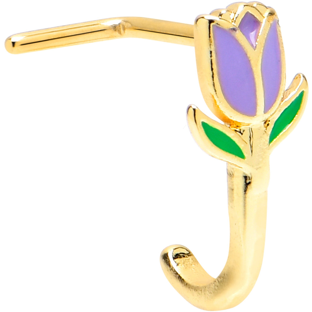 20G 7mm Gold Tone Purple Tulip Flower Faux Hoop L Shape Nose Ring