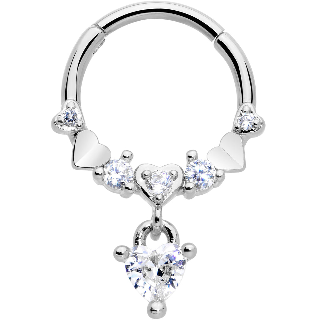 16G 3/8 Clear CZ Gem Love Heart Dangle Hinged Segment Ring