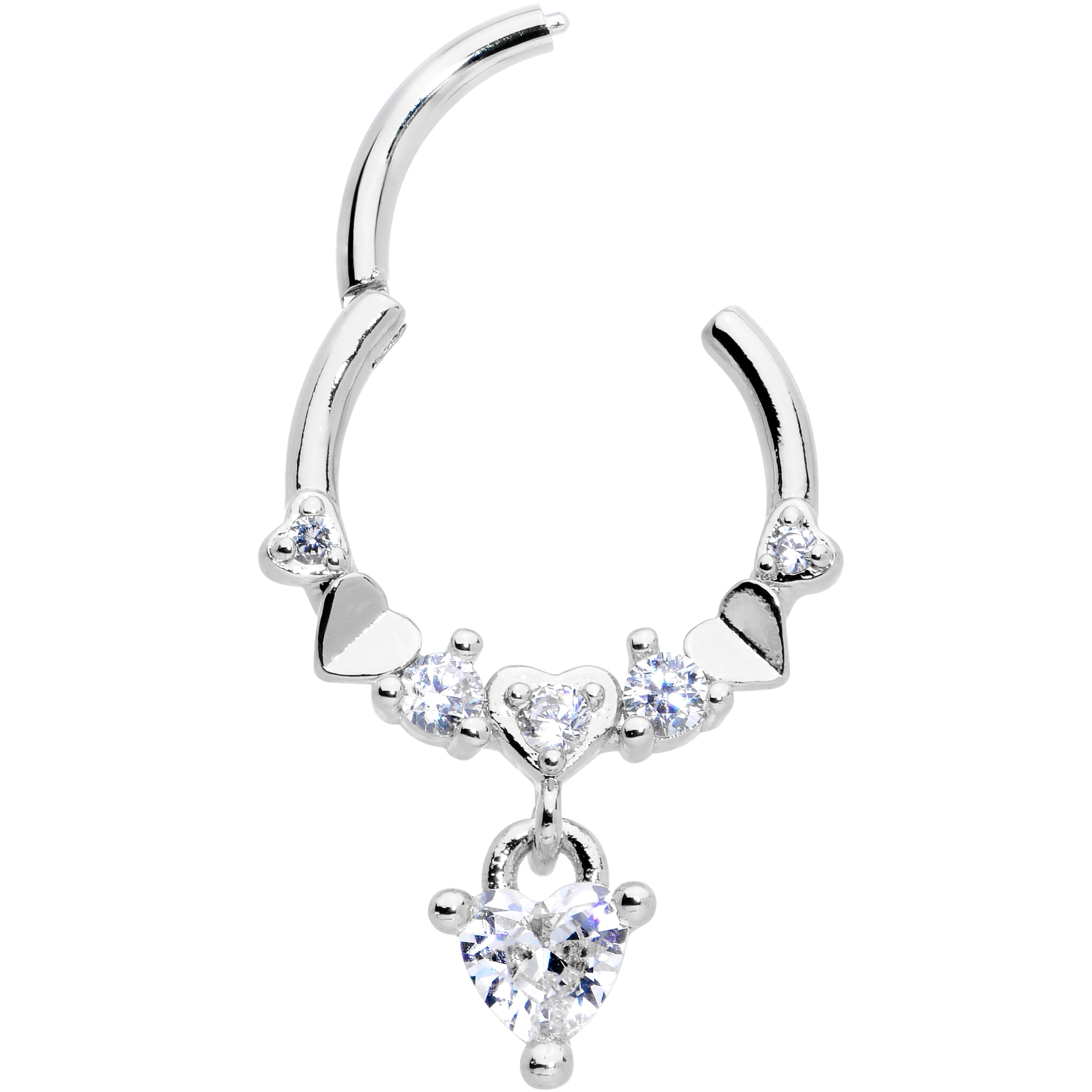 16G 3/8 Clear CZ Gem Love Heart Dangle Hinged Segment Ring