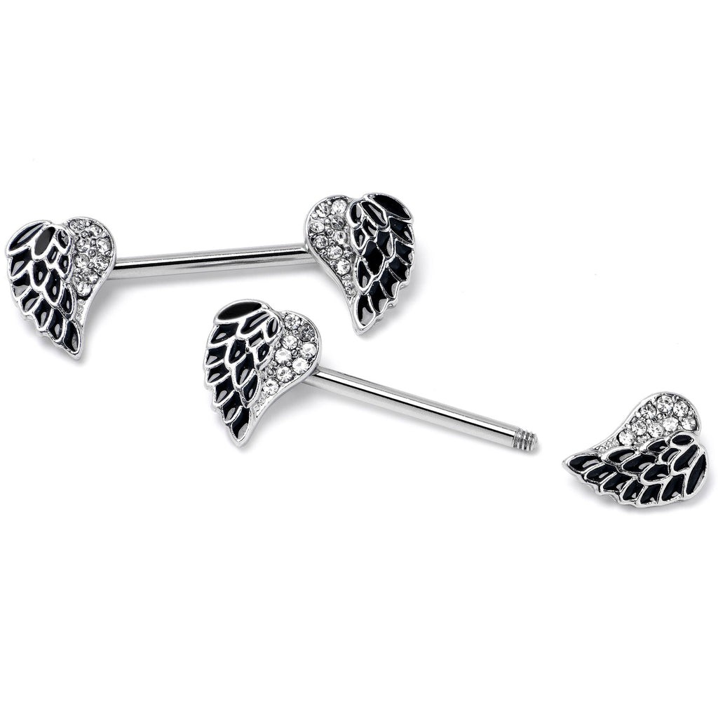 14G 9/16 Clear Gem Heavenly Heart Angel Wing Black Nipple Ring Set