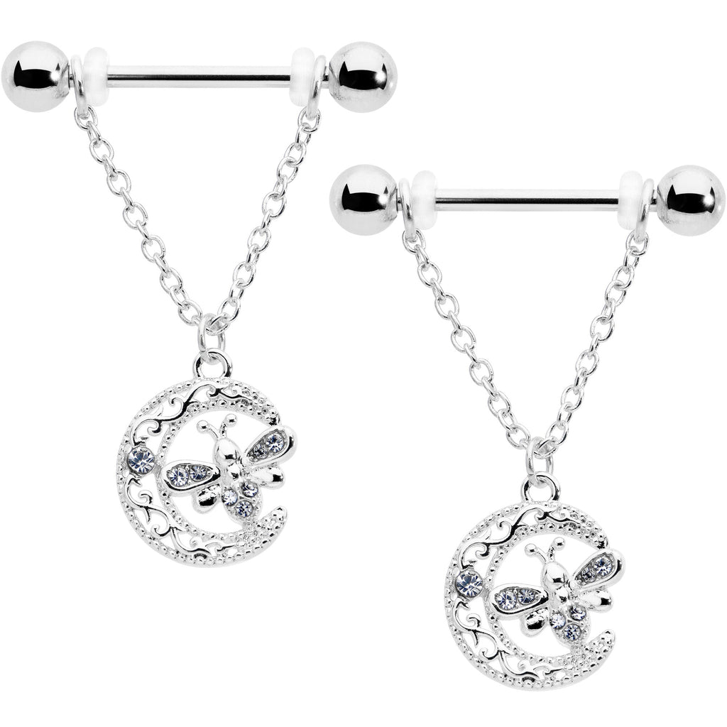 14G 9/16 Clear Gem Lunar Dragonfly Chain Dangle Nipple Ring Set