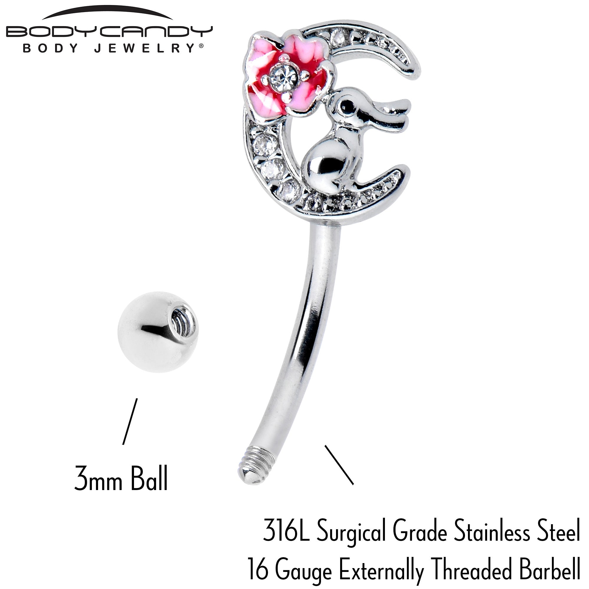 16G 5/16 Clear CZ Gem Rabbit On The Moon Pink Curved Eyebrow Ring