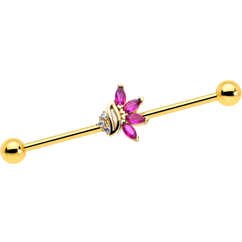 14G Red CZ Gem Gold Tone Swirl Fan Industrial Barbell 38mm