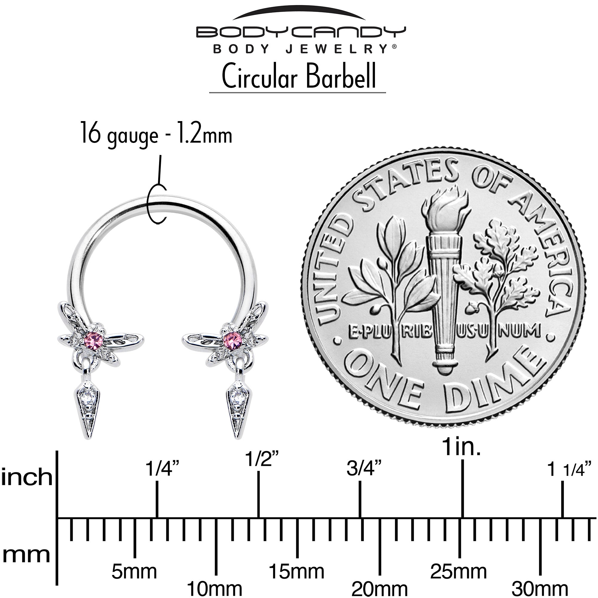 16G 3/8 Pink Gem Swank Dragonfly Dangle Horseshoe Circular Barbell