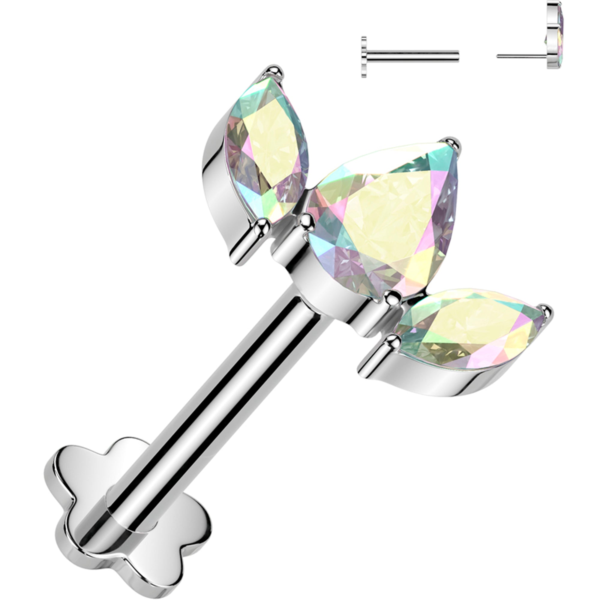 18G 5/16 Aurora CZ Gem Oval Trio Medical Grade Titanium Reversible Flat Back Earring