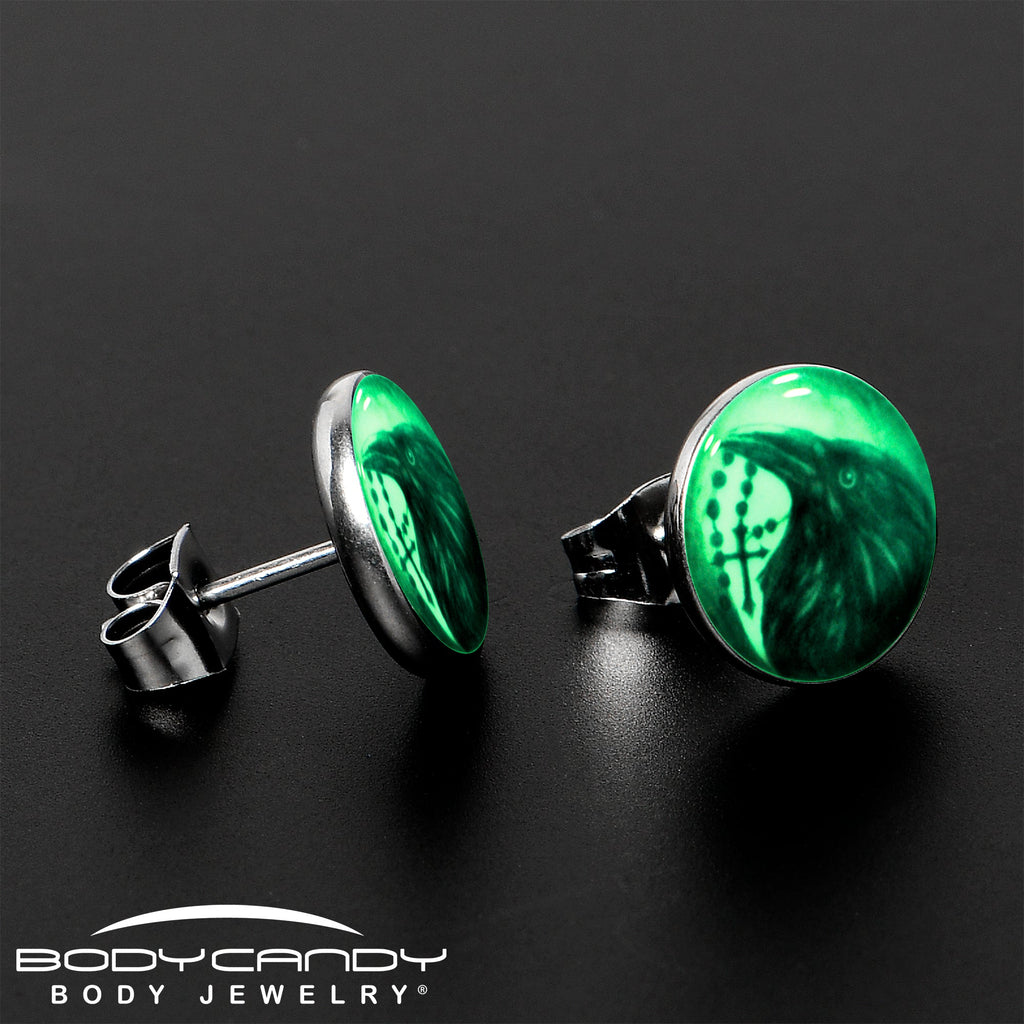 Raven and Cross Glow in the Dark Stud Earrings