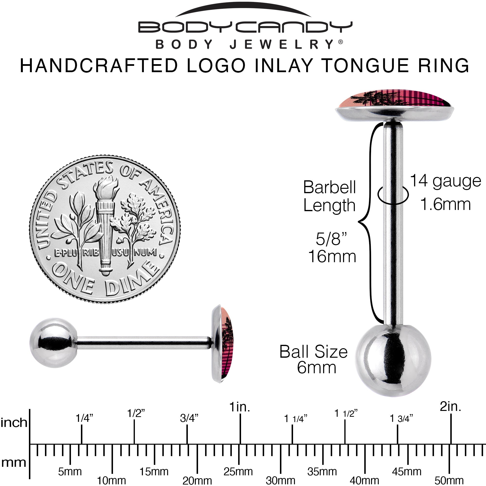 Palm Tree Retro Sunset Barbell Tongue Ring by Onyx O