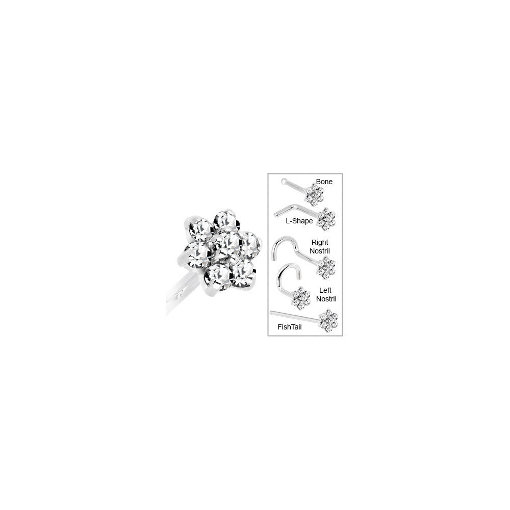 Solid 14K White Gold Clear Cubic Zirconia Flower Nose Ring