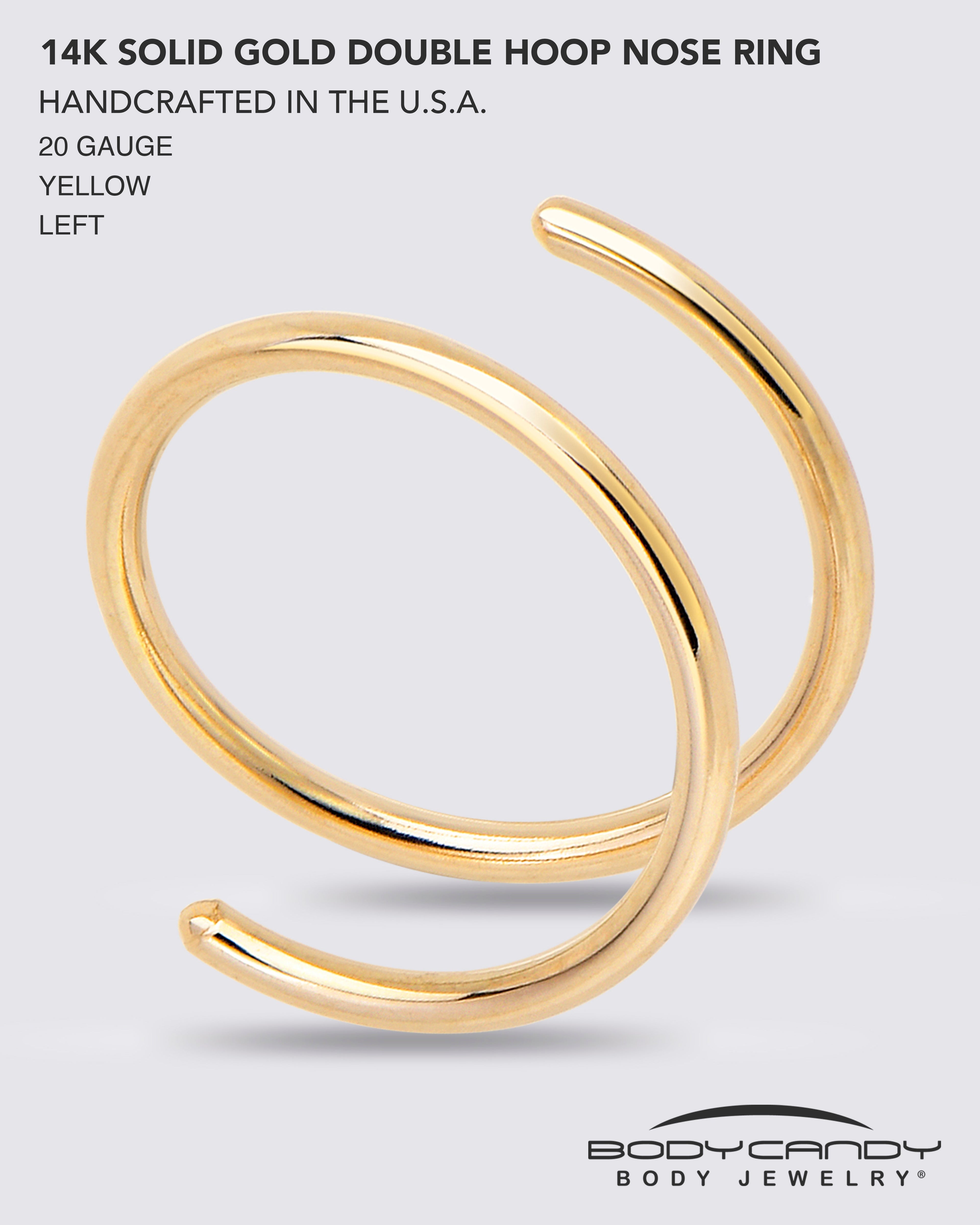 Double Hoop Nose Solid 14k Yellow Gold Spiral Nose Ring 20G 8mm Left