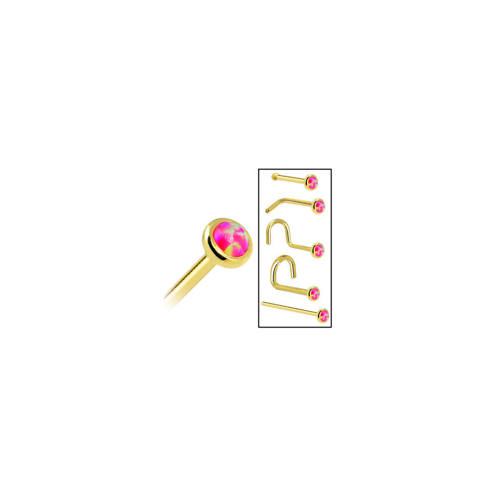 Solid 14K Yellow Gold 2mm Brilliant Pink Synthetic Opal Nose Ring