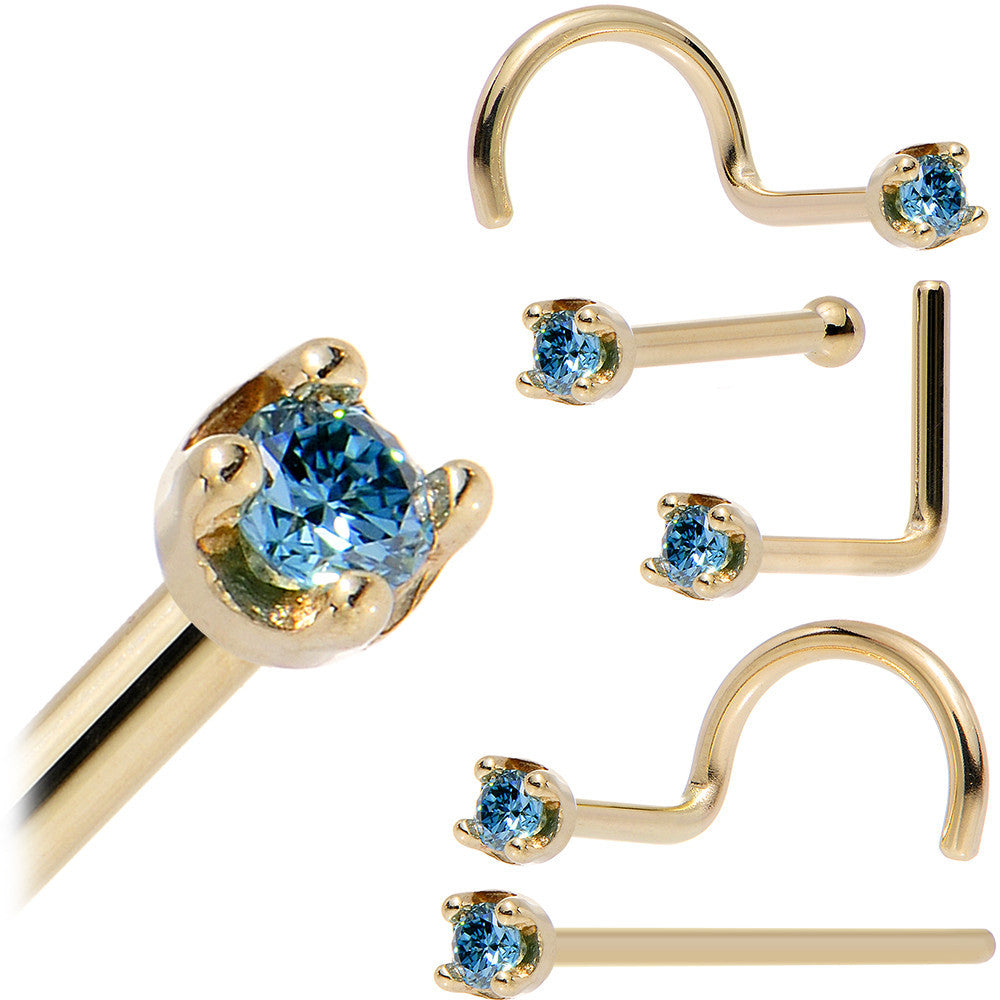 Solid 14K Yellow Gold 1.5mm Genuine Blue Diamond Nose Ring