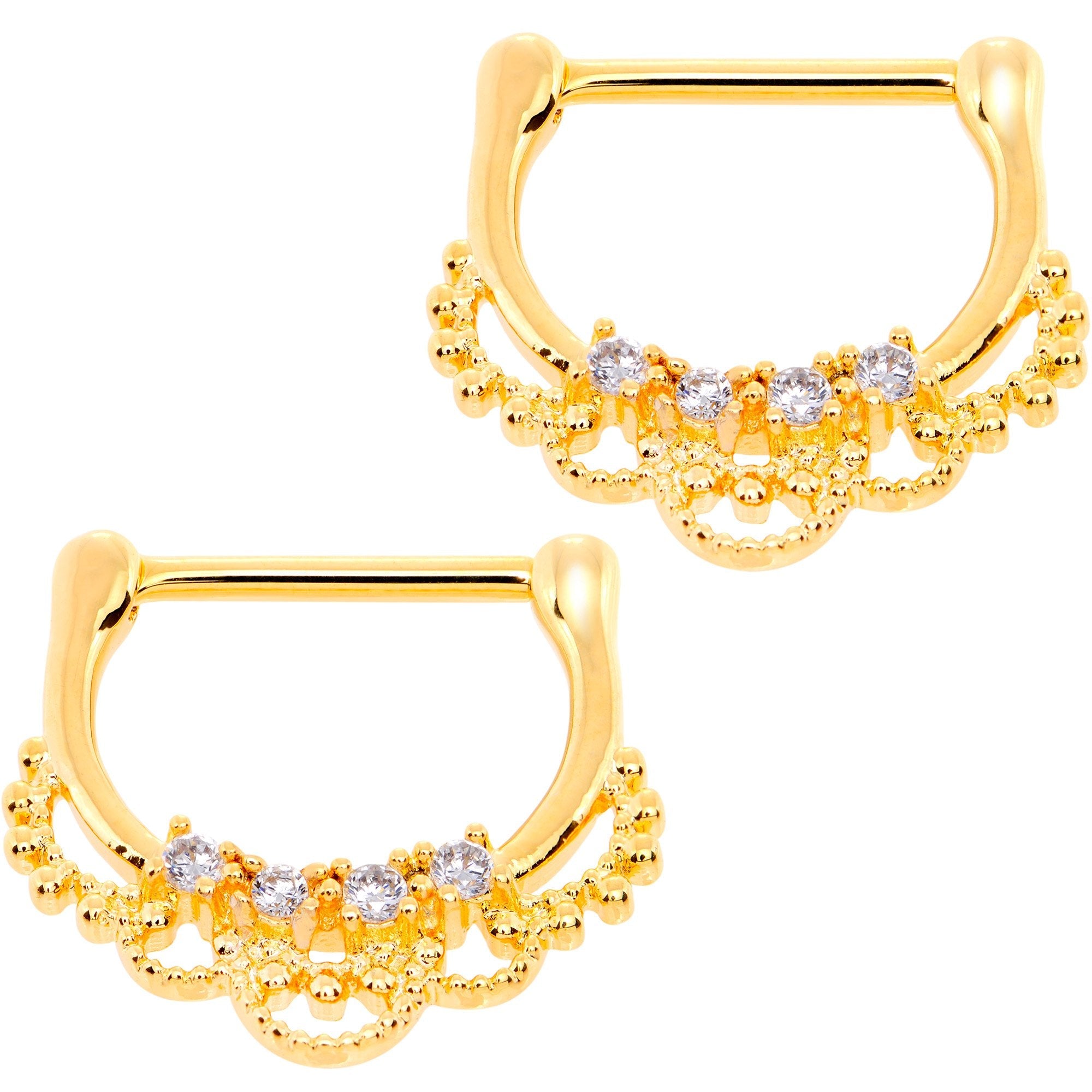 9/16 Clear CZ Gem Gold Tone Anodized Filigree Nipple Clicker Set