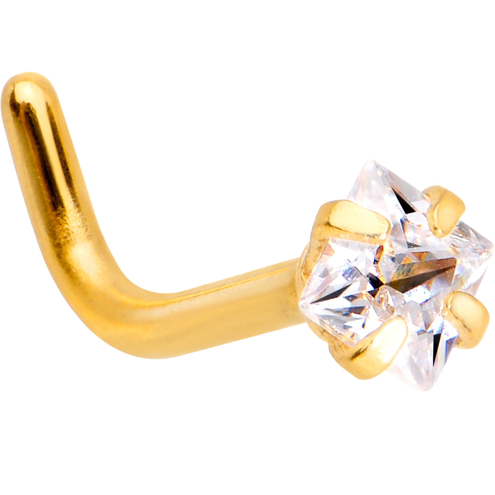 18G 1/4 Clear Square 2.5mm CZ Gem Gold IP L-Shape Nose Ring